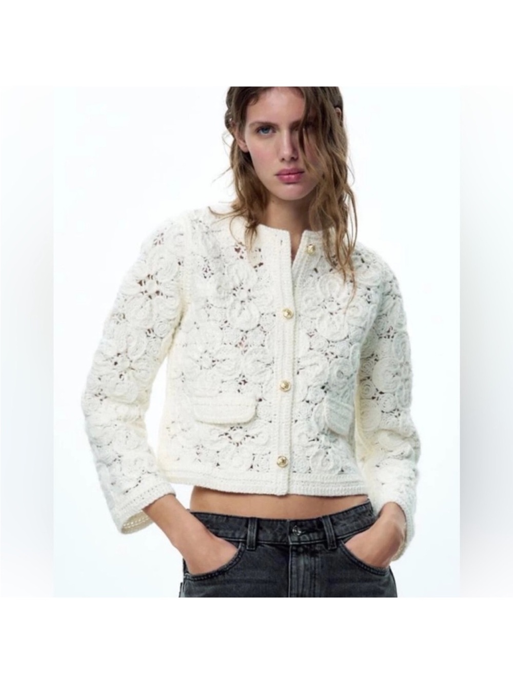 Zara KNIT MACRAMÉ CARDIGAN BLAZER SIZE S